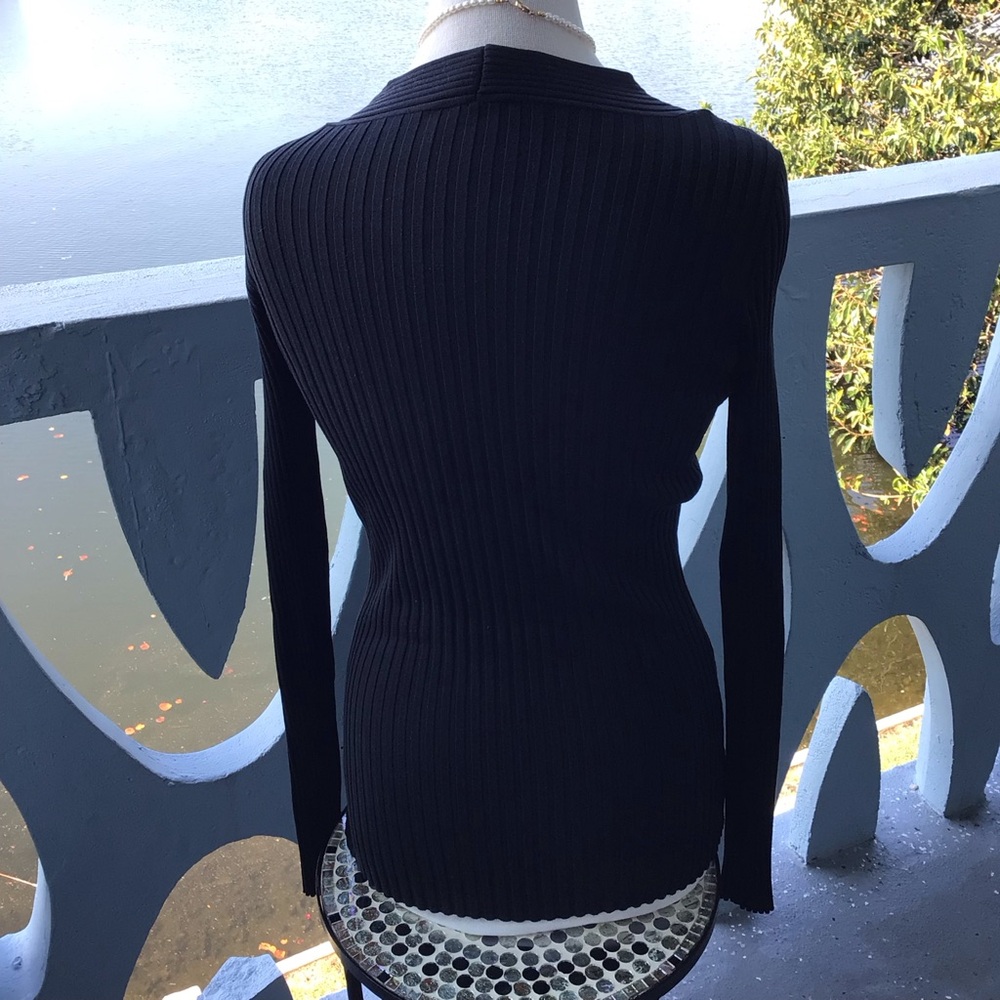 Cache Black Ribbed V-Neck Zip-Up Sweater with Rhinestone Zip Pull Accent - Picture 5 of 10